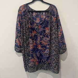 Chaps Top Womens 3X Blue Floral Paisley Button Boho Cottagecore Peasant Flowy